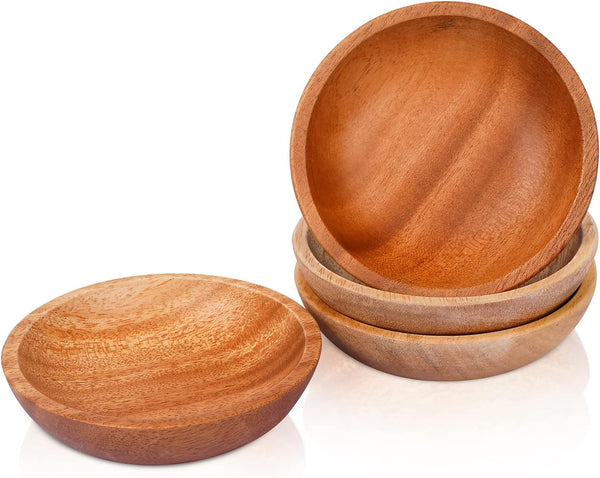 Mini Wooden Bowl Set of 4, 3.54" Diameter for Condiments, Dip Sauce, Small Wood Bowl for Jam, Olive