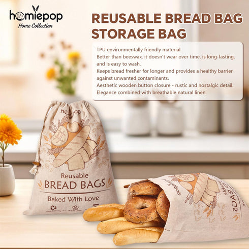 HomiePop (3 Pack) 17x13 Inch Bread Bags for Homemade Bread Linen Reusable Sourdough Bread Bags with TPU Lining Keeps