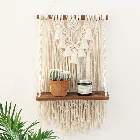 ANROYE Single Tier Macrame Boho Wall Hanging Shelf, Handmade Bohemian Wooden Woven