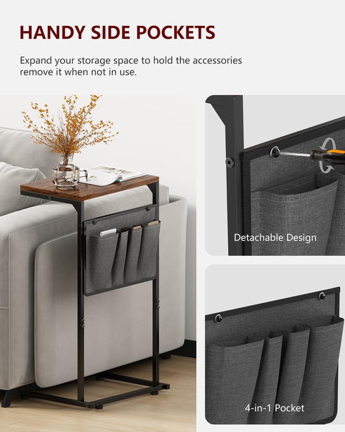 Vantic C Shaped End Table, Small Couch Side Table with Storage Bag, Rustic Brown Metal Frame for Living Room