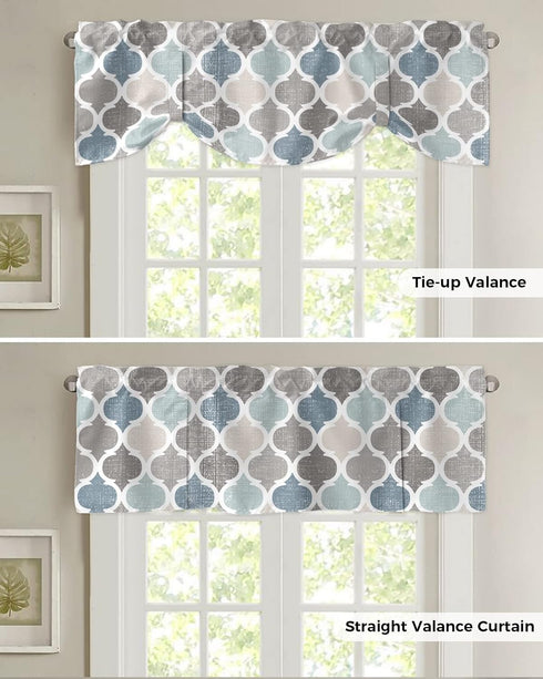 Hostline 42"x12" Valances Curtains for Living Room Retro Blue Moroccan Geometric Pattern Semi Sheer Valance for Windows