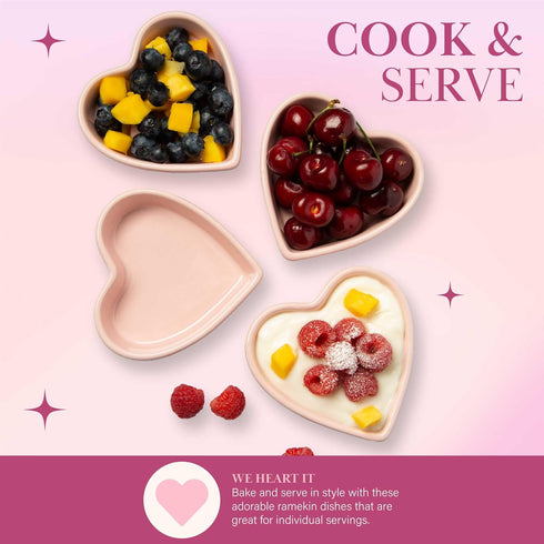 Paris Hilton Heart Shaped Ramekin Set, Mini Ceramic Baking Dishes, 4-Piece Oven Safe, Pink