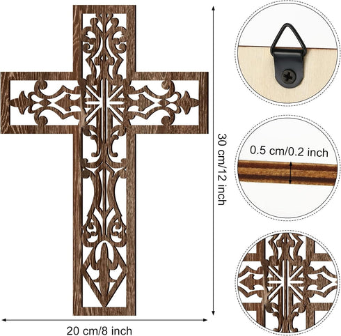 Yookeer 3 Pcs Wooden Cross Wall Decor - Handmade Antique Religious Brown Decorations for Home