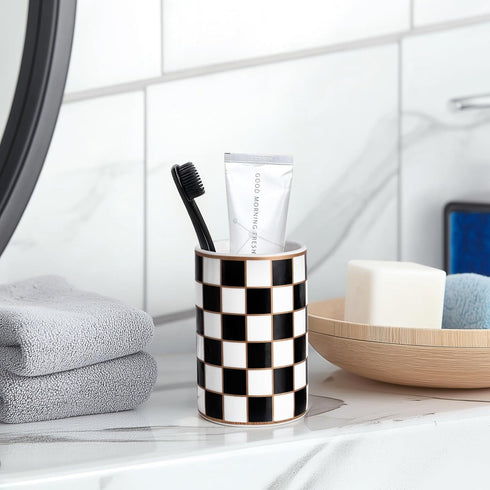 countertop Checkered Bathroom Toothbrush Holder, Bathroom Black and White Ceramic Toothbrush Holder, Modern Toothbrush
