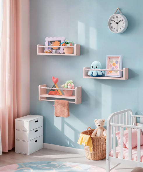 Set 3 Maxpeuvon Nursery Book Shelves, of Kids Bookshelves Natural Wood Wall Mount Organizer with Towel Bar Hanging