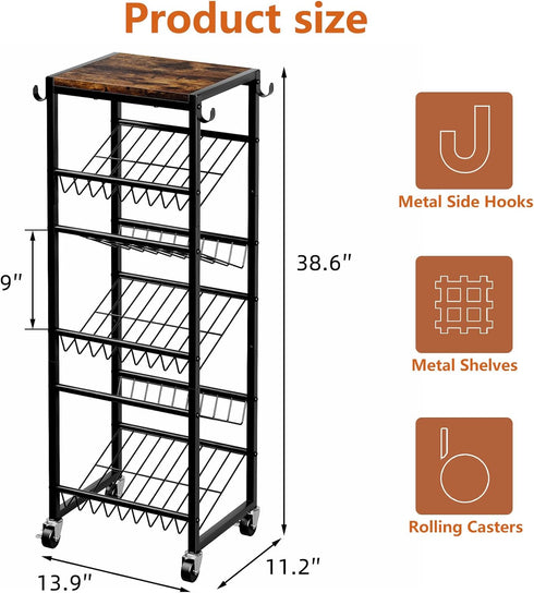 6 6-12 Closet Tier Rotating Shoe Rack Tower with Wheels, Wooden Shoe Storage Organizer with Hooks, Sturdy Metal Narrow