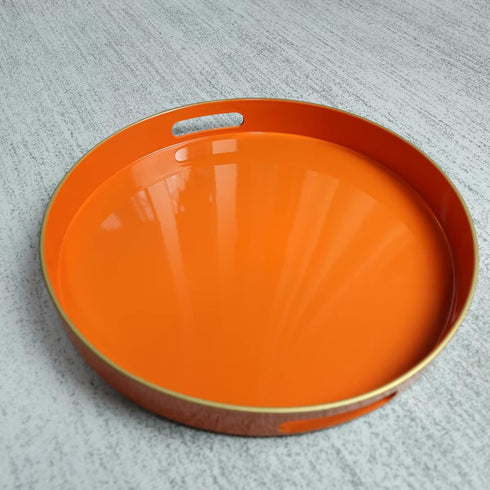 13" Spsyrine Round Orange Decorative Tray, Plastic Serving Table Tray with Handles for Breakfast, Coffee Table