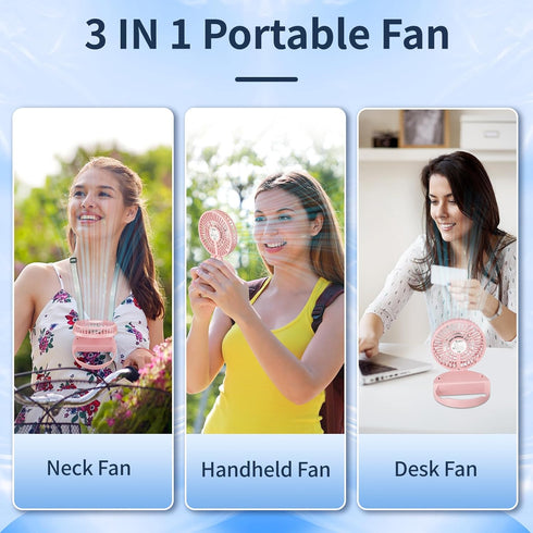 Portable Neck Fan, Handheld Mini Fan Small Personal Fan, 3 IN 1 Hand Fan USB Rechargeable Eyelash Fan with Lanyard, 180° Foldable, for Travel/Summer/Concerts, Gifts for Women (Pink) by HandFun