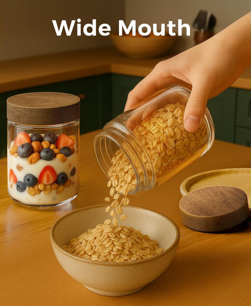 8 Pack 16oz 10oz and Overnight Oats Containers with Lids, Glass Mason Jars with Acacia Wood Airtight Lids, Wide Mouth