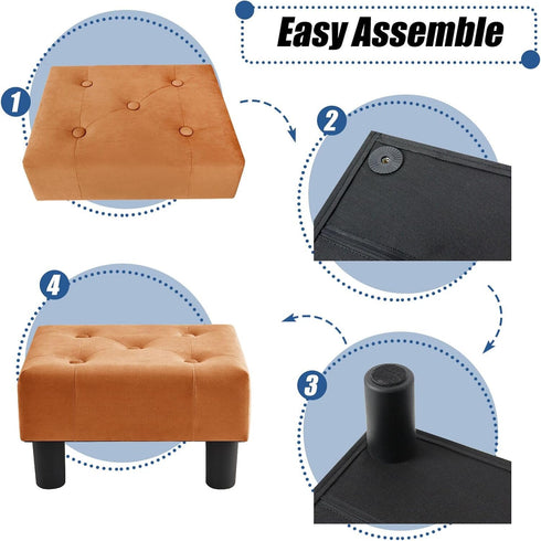 Stylish Orange Velvet Small Footstool with Sturdy Legs - Perfect for Living Rooms