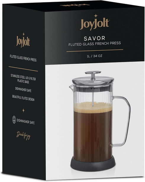 JoyJolt Fluted French Press Coffee and Tea Maker Set, 33.8oz, Stainless Steel, Borosilicate Glass, Portable