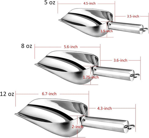 E-far Stainless Steel Ice Scoop Set, Ideal for Ice Cube/Coffee Bean/Food/Candy/Flour/Popcorn, Set of 3 (5-8-12 Ounce)