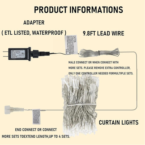 300 8 Dazzle Bright LED Curtain String Lights, Christmas Fairy Lights for Bedroom with Lighting Modes, Connectable