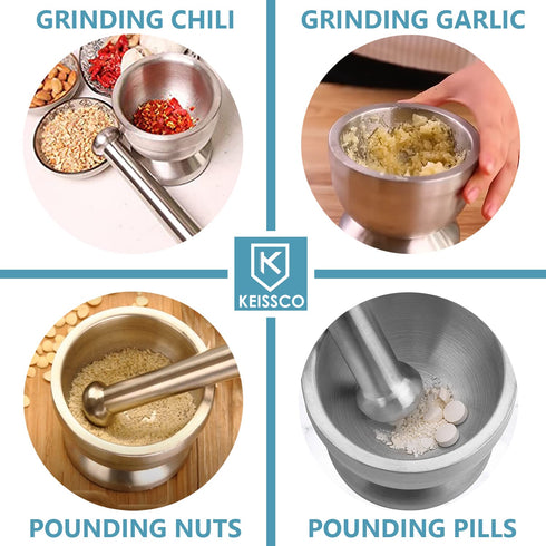 Stainless Steel Mortar and Pestle Set, Heavy Duty Spices Grinder Pill Crusher with Silicone Protective Lid for