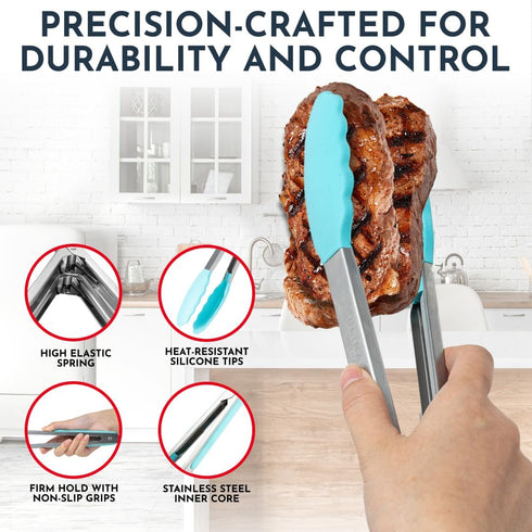 Kitchen Tongs Set of 3, 7-Inch, 9-Inch, 12-Inch, Silicone Tips, Heat Resistant