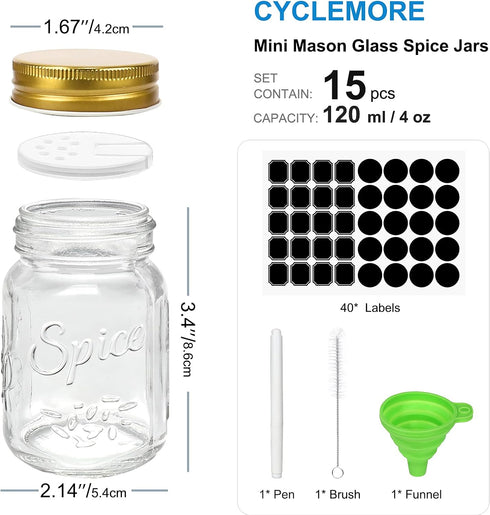 CycleMore 15 Pcs Glass Mason Spice Jars 4oz Empty Spice Bottles with Blank Labels and Shaker Lids, Gold Airtight Metal Caps, Chalk Marker and Collapsible Funnel Included