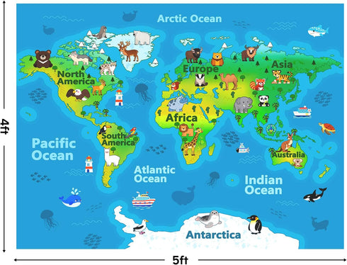 4x5ft Kids Playroom Rug, World Map Play Mat with Cute Animals, Washable Durable Soft Carpet Kid Educational Rugs