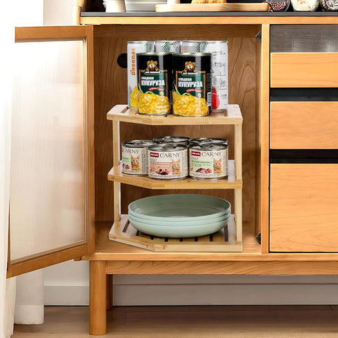 Countertop, 3-Tier 3 (9.5, Plate Organizer for Cabinet and Kitchen Bamboo Corner Shelf - Space Saver, Tier Shelf