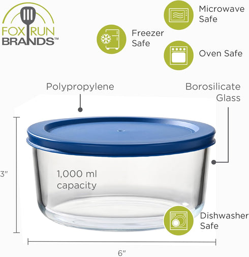 Set 2 1 Fox Run Glass Yogurt Containers with Lids, of Glass Bowls for Yogurt, Salads and Leftovers, Quart Capacity Each
