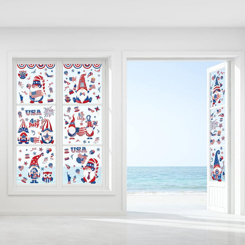 138Pcs Patriotic Window Clings, 4th of July Gnome American Flag Firework Decals, Red Blue Star Stripe Double-Sided PVC