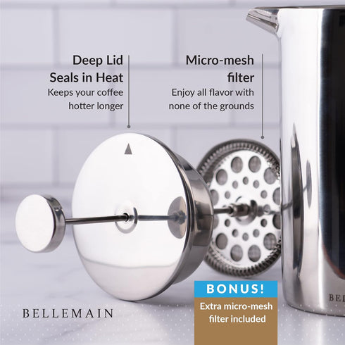 Bellemain French Press Coffee Maker with Extra Filters, 35 oz, Stainless Steel