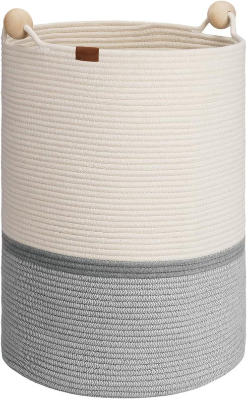 StorageWorks 72L Cotton Rope Laundry Basket with Wooden Beads Handles, Woven Storage for Dirty Clothes, White & Grey