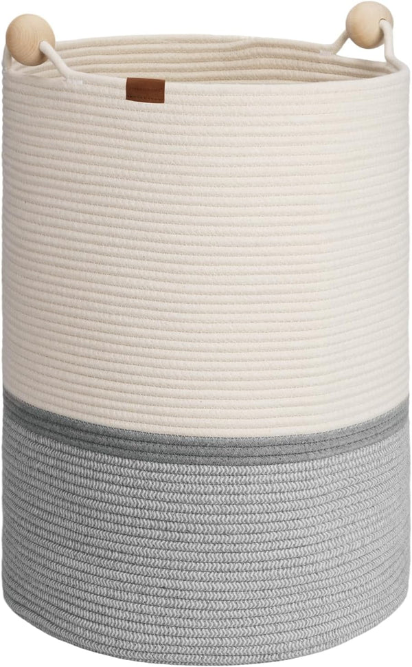 StorageWorks 72L Cotton Rope Laundry Basket with Wooden Beads Handles, Woven Storage for Dirty Clothes, White & Grey