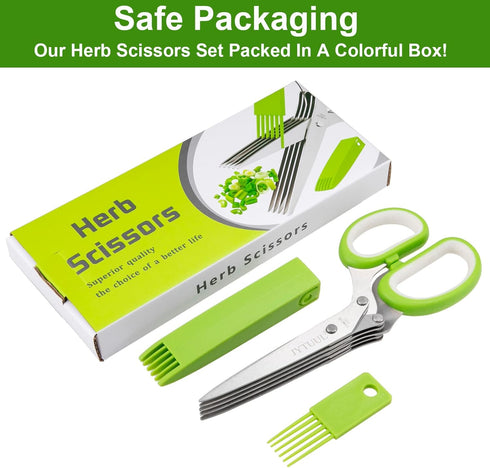 Multipurpose Sharp Kitchen Herb Cutter Shears - Herb Scissors with 5 Stainless Steel Blades, Safety Cover, Cleaning Comb