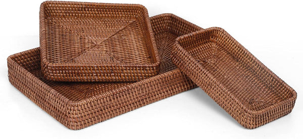 Rattan Serving Tray, Rectangular Woven Tray, Natural Wicker Decorative Baskets for Kitchen, Bathroom, Tabletop (Dark