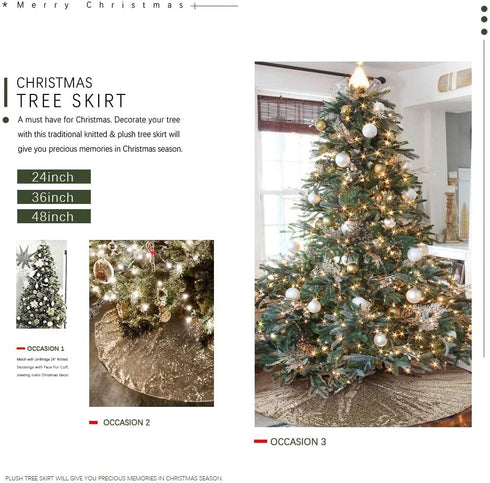 B-COOL Christmas Tree Skirt, 48 Inch Round Champagne Gold Sequence Xmas Tree Skirt, Personalized Home Decor