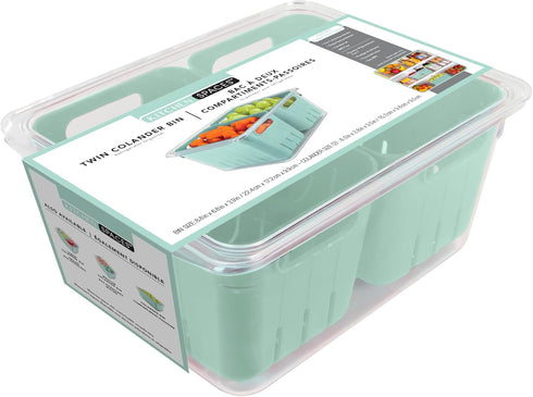 Kitchen Spaces Twin Colander Stackable Food Storage Organizer for Fridge, Freezer, and Pantry, 8.8" x 6.8" x 3.9", Mint