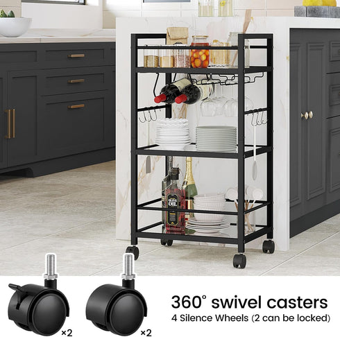 Bar Cart with Wine Rack and Glass Holder, Serving Cart for Home, Mobile Kitchen Shelf, Rolling Beverage Cart in Black