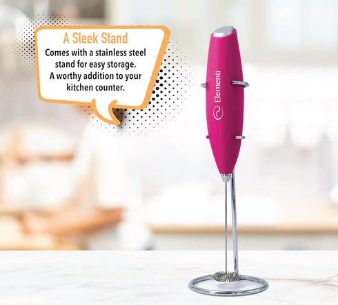 Elementi Electric Milk Frother with Stand, Handheld Drink Mixer and Frother, Pink Coffee Maker