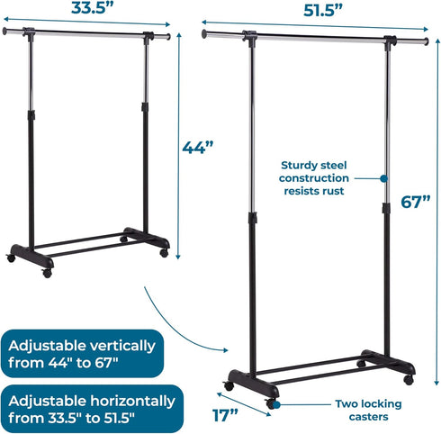 Adjustable Honey-Can-Do Rolling Garment Rack - Heavy-Duty Chrome Organizer