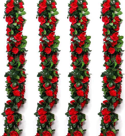 Musdoney 4Pcs 32.2 FT Fake Rose Vine Flowers, Artificial Flower Garland for Home, Wedding, Party Decor (Red)