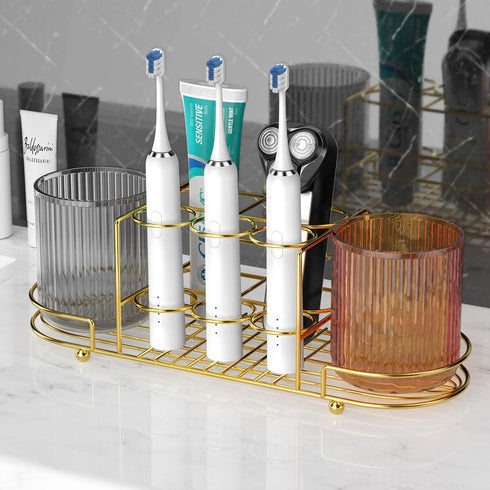 2 Toothbrush Holders with Cup - Wall Mount Electric Toothbrush Holder Gold Stainless Steel Electric Razor Holder