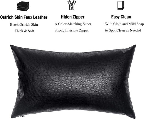 Black Ostrich Skin Faux Leather Pillow Cover, Decorative Modern Throw Cushion Case 12x20 Inches