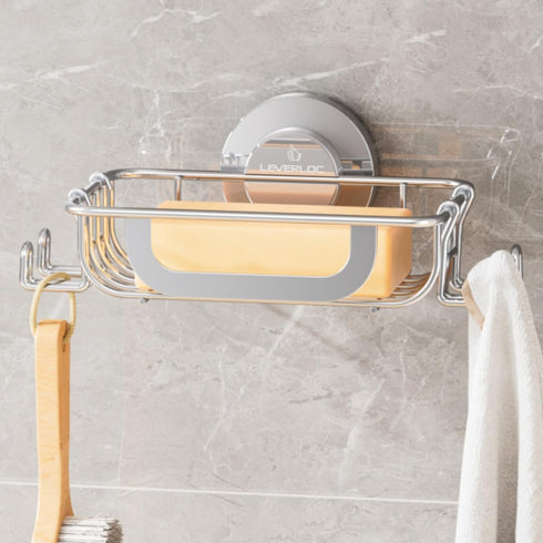 LEVERLOC Bar Soap Holder Dish with Hooks, Soap Tray Suction Cup Wall