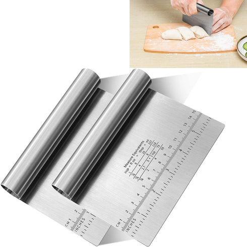 Pro Dough Pastry Scraper/Cutter, Stainless Steel Mirror Polished, 2PCS Multipurpose Cake and Pizza Cutter