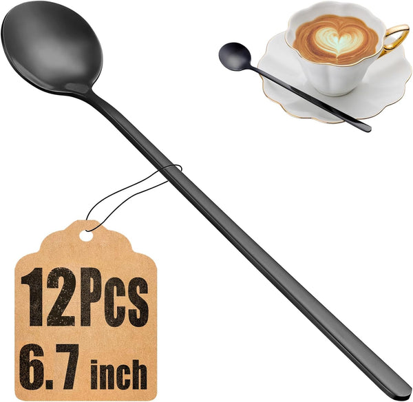 12 Pcs Teaspoons Set - 6.7 Inch Black Stainless Steel Long Handle Stirring Spoons for Espresso & Tea
