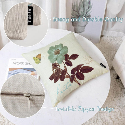 YeeJu Set of 4 Cotton Linen Floral Decorative Throw Pillow Covers 20x20 Inch for Home Decor