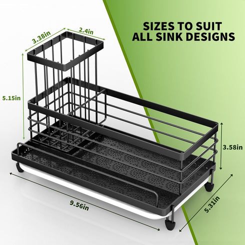 Cisily Kitchen Sink Caddy Organizer, Rustproof Non-Slip Soap Dish Dispenser Brush, Matte Black