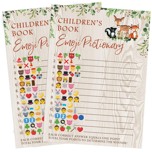 Printed Party Baby Shower Games, Children's Book Emoji Game for Boy or Girl, Woodland Forest Animals Theme, 50 Cards