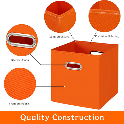 Fabric Storage Bins Cubes - Foldable Organizer with Handle, 11x11x11, Set of 3, Orange