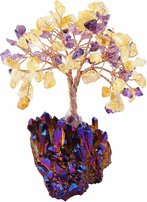 mookaitedecor Citrine & Amethyst Crystal Tree, Quartz Cluster Purple Titanium Crystals Base