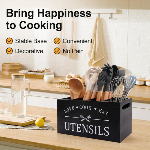 Black Farmhouse Utensil Holder for Kitchen Counter, Extra Large Caddy for Rustic Wood Kitchen Tool Decor