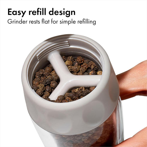 Settings, OXO Good Grips Contoured Mess-Free Pepper Grinder, Adjustable Ceramic Grinder with Five Black Pepper Mill
