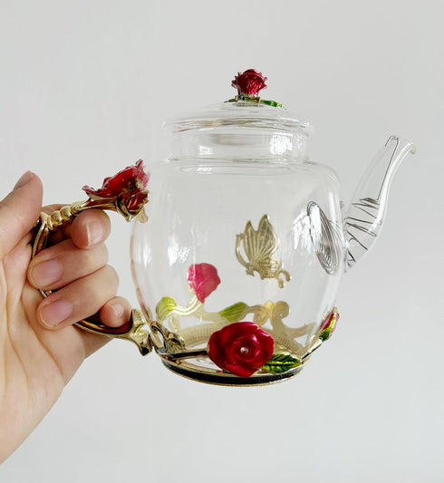 Creative Crystal Glass Teapot for Kung Fu Tea, Good Gift for Sister, Mom, Grandma, Red Rose