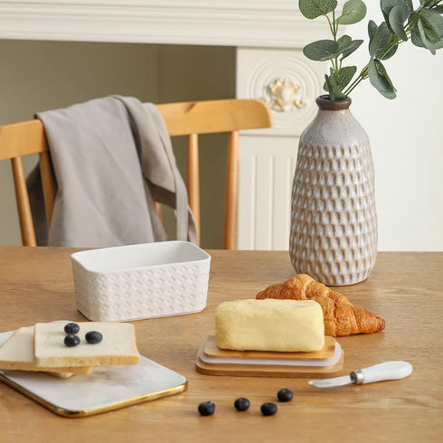 Large Ceramic Butter Dish with Lid, Airtight Cover for Countertop or Refrigerator, White Embossed Pattern