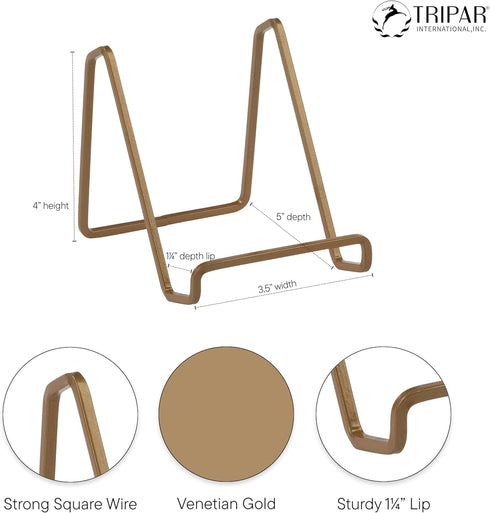 TRIPAR 4-Inch 2 Pack Metal Venetian Gold Square Stand - Small Wire Easel for Table Display of Picture Frames, Plaques